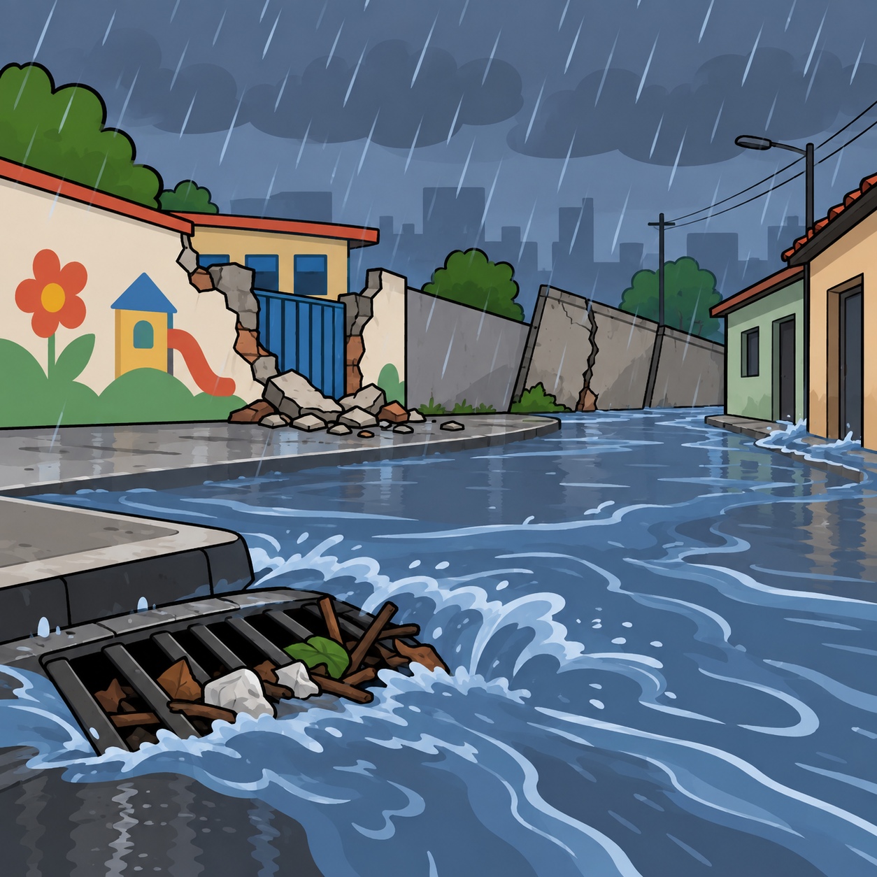Chuva derruba muro de creche, bueiro entupido alaga quatro casas e outro muro fica sob risco em Diadema